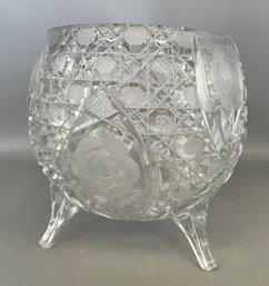 Vintage Pressed Glass Footed Candy Bowl With Hobstar & Etched Rose Pattern
