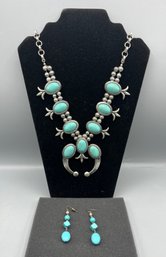 Silver-tone Faux Turquoise Costume Jewelry Necklace With Matching Earrings