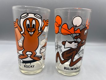 Vintage Rocky & Bullwinkle P.A.T. WARD Glass Collector Cups - 2 Total