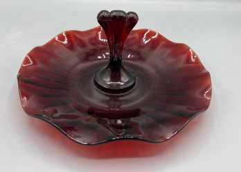Anchor Hocking Tally Ho Art Deco Ruby Red Tidbit Tray With Handle