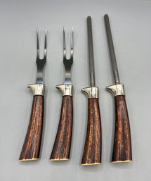 Lifetime Stainless Steel Faux Stag Horn Carving Forks And Sharpener Set - 4 Pieces Total