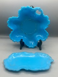 Antique Dithridge Blue Milk Glass Pin Tray With Fenton Blue Milk Glass Bowl - 2 Pieces Total