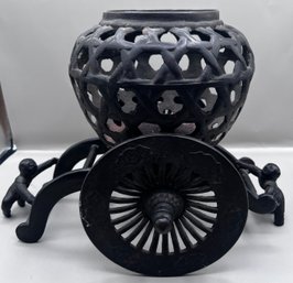 Antique Japanese Ikebana Norimono Usabata Cast Iron Incense Burner Rolling Cart