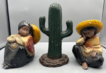 Hand Painted Ceramic Sombrero Man/women With Cactus Figurines - 3 Total