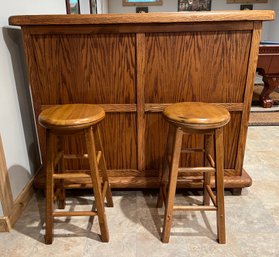 Solid Oak Wooden Bar With 2 Solid Wood Swivel-top Barstools Included