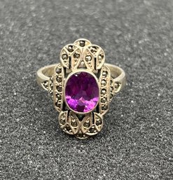 925 Silver Ring With Purple Stone - Size 7.75 - .16 OZT