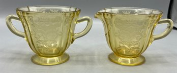 Federal Glass Co. Madrid Pattern Amber Yellow Glass Sugar Bowl And Creamer Set - 2 Pieces Total