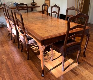 Custom Burl Wood Dining Table With 8 Cushioned Dining Chairs - 2 Leafs With Pads Included