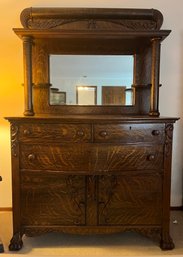 Antique Tiger Oak Wood Sideboard With Mirror - 2 Piece - Key Not Included