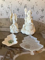 Lenox Christmas Trinket Dish, Mikasa Frosted Glass Dish & 2 Light Up Figurines- Lot Of 4