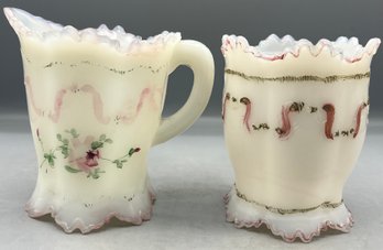 Vintage Dithridge Astoria Rose Hand Painted Milk Glass Sugar Bowl & Creamer Set - 2 Pieces Total