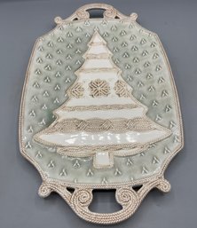 Decorative Holiday Tree Pattern Ceramic Serving Tray With Handles