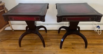 Vintage Solid Wood Leather Top Pedestal End Tables With Drawer - 2 Total