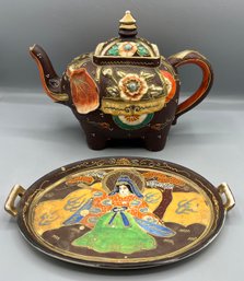 Hand Painted Ceramic Elephant Teapot With Serving Tray - 2 Pieces Total - Made In Japan