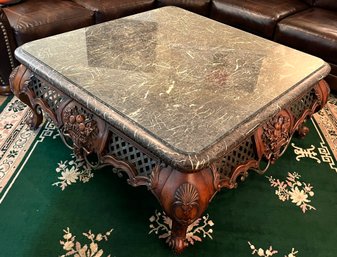 Solid Wood Carved Marble-top With Glass Top Coffee Table