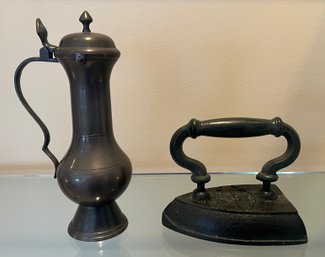 German Pewter Pitcher & Iron Door Stopper- 2 Piece Lot