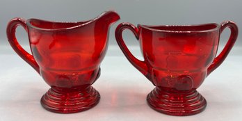 Martinsville Co. Ruby Red Glass Moondrops Pattern Small Sugar Bowl And Creamer Set - 2 Pieces Total