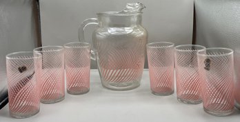 Mid Century Pink Swirl Libbey Glass Pitcher & Drinking Glass Set - 7 Pieces Total