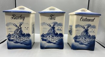 Vintage Delft Style Stoneware Canister Set - 3 Total - Made In Germany