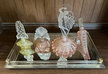 Vintage Handmade Crystal Perfume Bottles With Glass Mirrored Vanity Tray - 4 Bottles Total