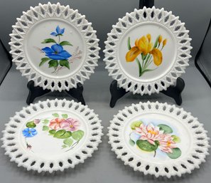 Hand Painted Milk Glass Floral Pattern Plates - 4 Total