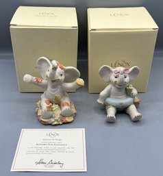 Lenox Holiday Elephants Collection - Spring Fun & Autumn Fun Elephant Ivory Fine China Figurines - 2 Total