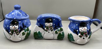 Christmas Kitchen Dcor- Snowman Sugar Jar, Snowman Napkin Holder & Snowman Creamer Bowl - 3 Piece Lot