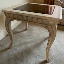 Carved Wood End Table With Glass Top