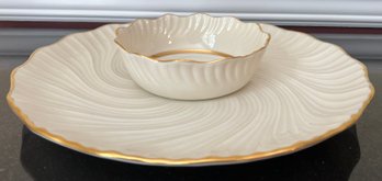 Lenox Greenfield Collection Bone China 12' Chip Dip Plate W/ Scalloped Gold Rim One Piece