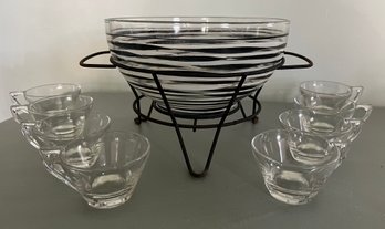 Mid Century Modern Black/white Striped Punch Bowl With Cups - 10 Pieces