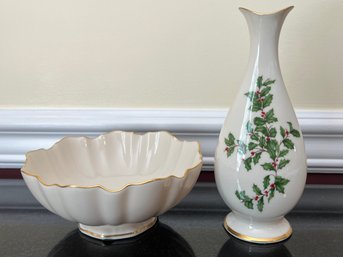 Lenox Symphony Scalloped Bowl & Lenox Christmas Holiday Bud Vase - 2 Pieces