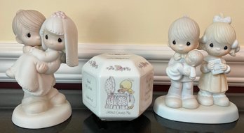 Precious Moments Bless You Two, Jesus Loves Me Coin Bank & Rejoicing With You Figurines - 3 Pieces