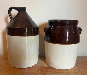 Antique Stoneware Pottery Jug & 2 Handled Crock- 2 Pieces