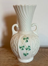 Belleek Irish Porcelain Double Handle Hand Painted Shamrock Vase