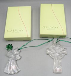 Galway Crystal Celtic Cross & Angel Green Shamrock Ornaments - Set Of 2 - New In Original Boxes