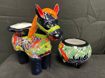 Mexican Hand Painted Ceramic Horse & Planter - 2 Pieces