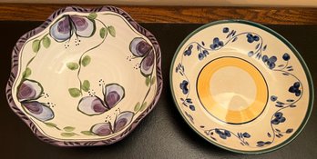 Block Molde Hand Painted Serving Bowl & Ceramic Blueberry Design Serving Bowl - 2 Piece Lot