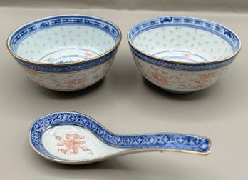 Porcelain Chinese Rice Bowls And Spoon, 3 Piece Lot