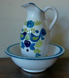 Italian Cobalt Blue Bird Motif Pitcher With Bowl - 2 Pieces