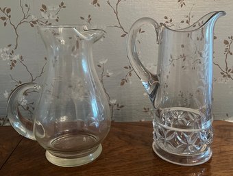 Vintage Etched Flower Glass Pitcher & EAPG Tankard Pitcher - 2 Pieces