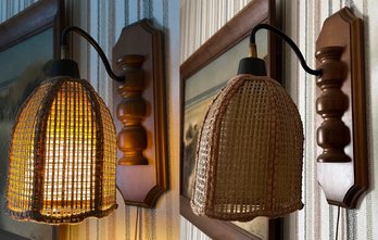 Rattan & Wood Wall Sconces - 2 Pieces