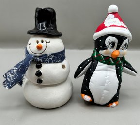 Snowman And Penguin Figurines, 2 Piece Lot