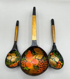 Khokhloma Hand Painted Wood Lacquerware Serving Spoons, 3 Piece Lot