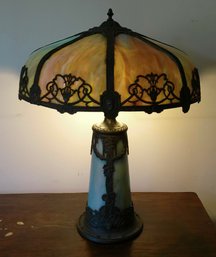 Antique Slag Glass Art Nouveau Styled Table Lamp