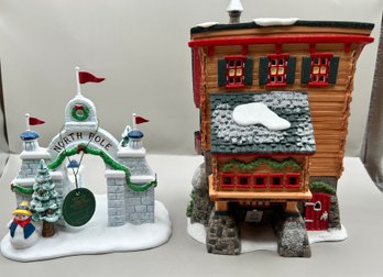 Dept. 56 Hand Painted Porcelain Elves Trade School And North Pole Gate, 2 Piece Lot