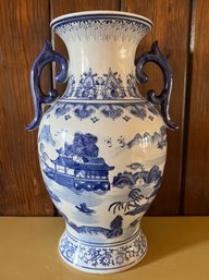 Chinese Chinoiserie Cobalt Blue & White Handled Vase