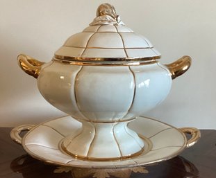 Italian Gold Trimmed Porcelain Soup Tureen - 3 Pieces