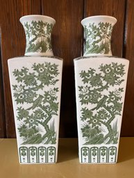 Norleans Japanese Porcelain Square Vase With Green Flowers