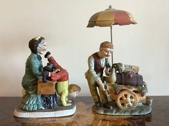 Lefton Porcelain Figurine Old Woman Sewing Boy's Pants & JJ Wine Cart Umbrella Stand - 2 Pieces