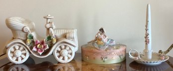 Capodimonte Antique Car Figurine, Porcelain Decorative Dish & Porcelain Candlestick & Holder - 4 Pieces